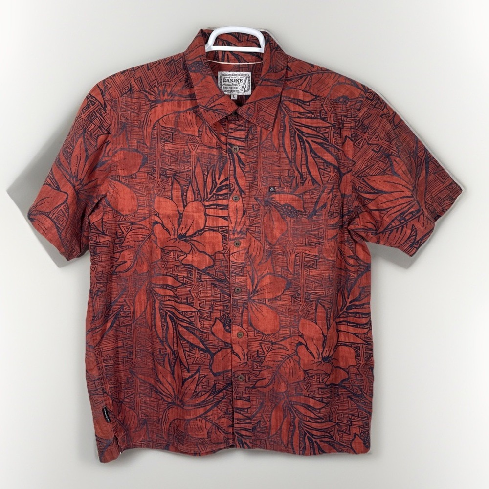 Dakine Mens Large Cotton Hawaiian Tropical Button Up Shirt Red Black